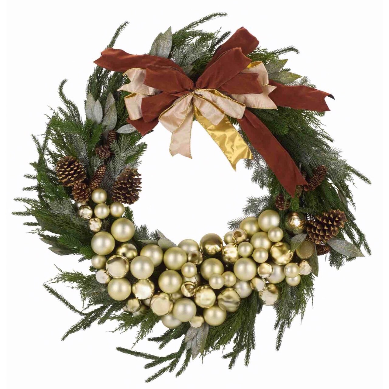 Faux 34 Inch Elegence Pine Needle Wreath W/Ornaments And Ribbon, Pine Cone